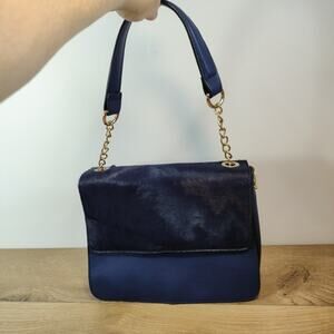 Shoulder Bag Faux Leather Hair Gold Navy Blue Nautical Catch Lock Envelope Flap